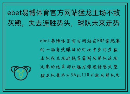 ebet易博体育官方网站猛龙主场不敌灰熊，失去连胜势头，球队未来走势如何？